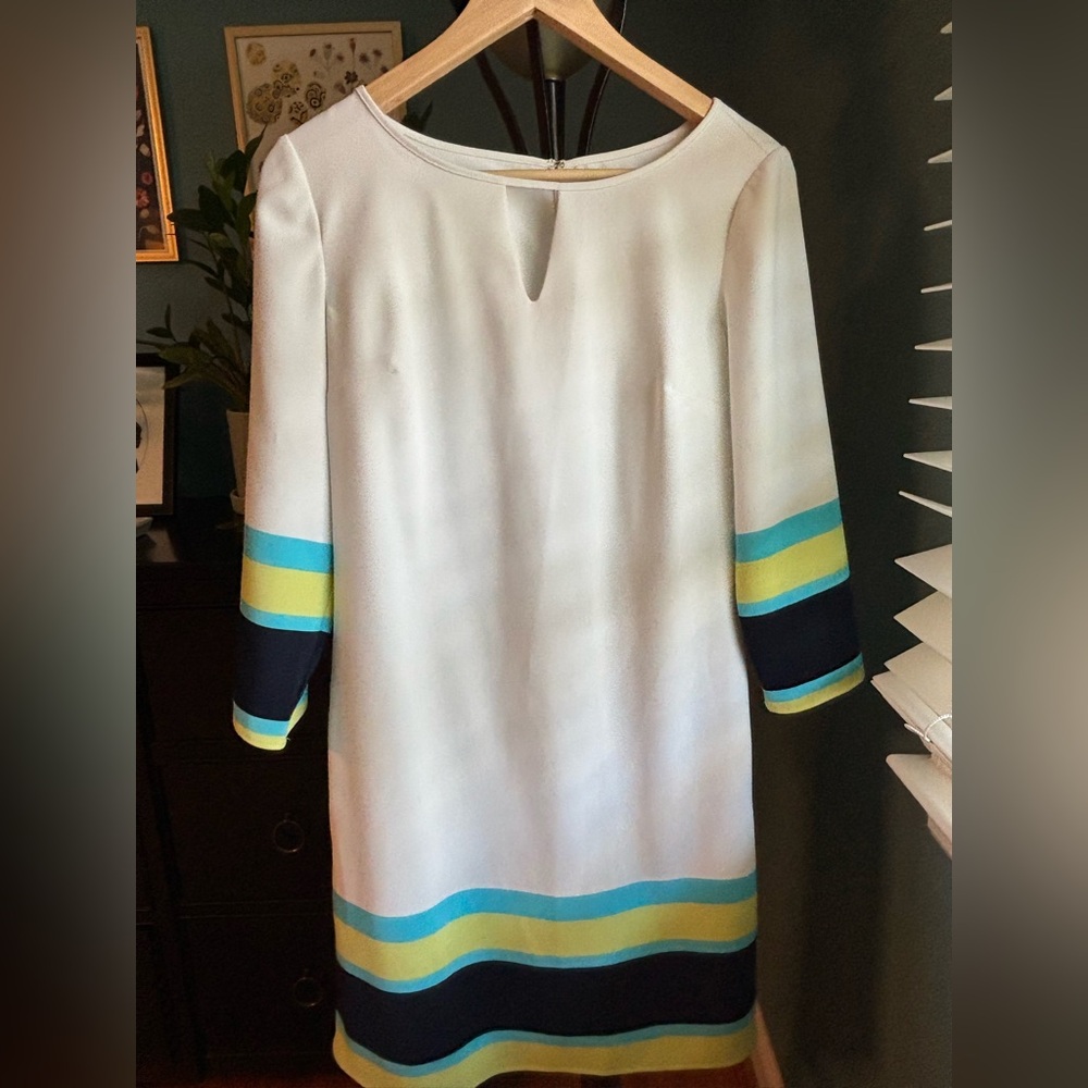 Ann Taylor Lined White Sheath Dress with Cuffed 3/4 Sleeves Sz 4 Work Date Party